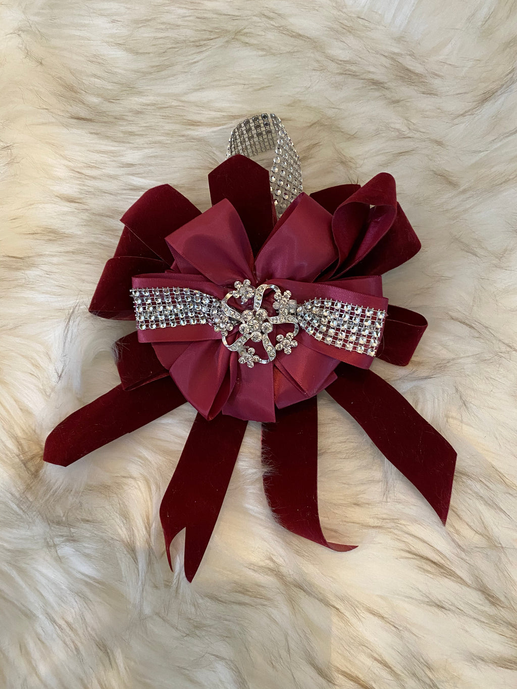 Maroon Velvet & Silk Ribbon Bow W/Large Silver Embellishment & Silver Rhinestones